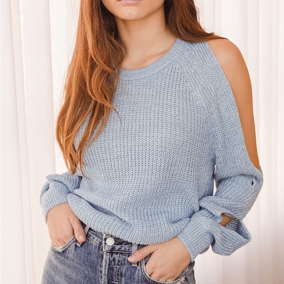 NWT Lulus Artfully Inclined Dusty Blue Cold Shoulder Sweater - Picture 2 of 7